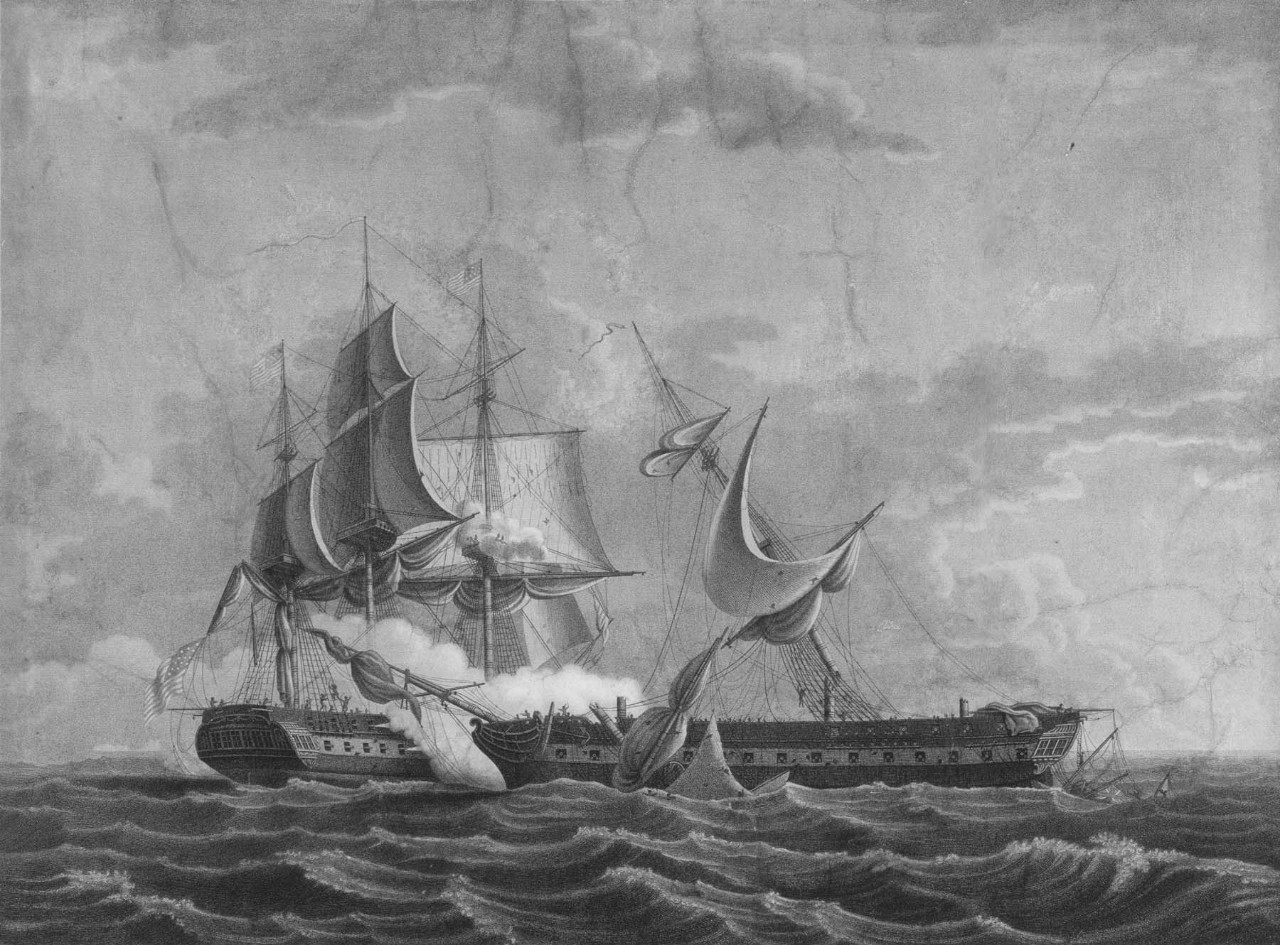 Constitution to the left firing on Guerriere to the right with the masts falling into the sea