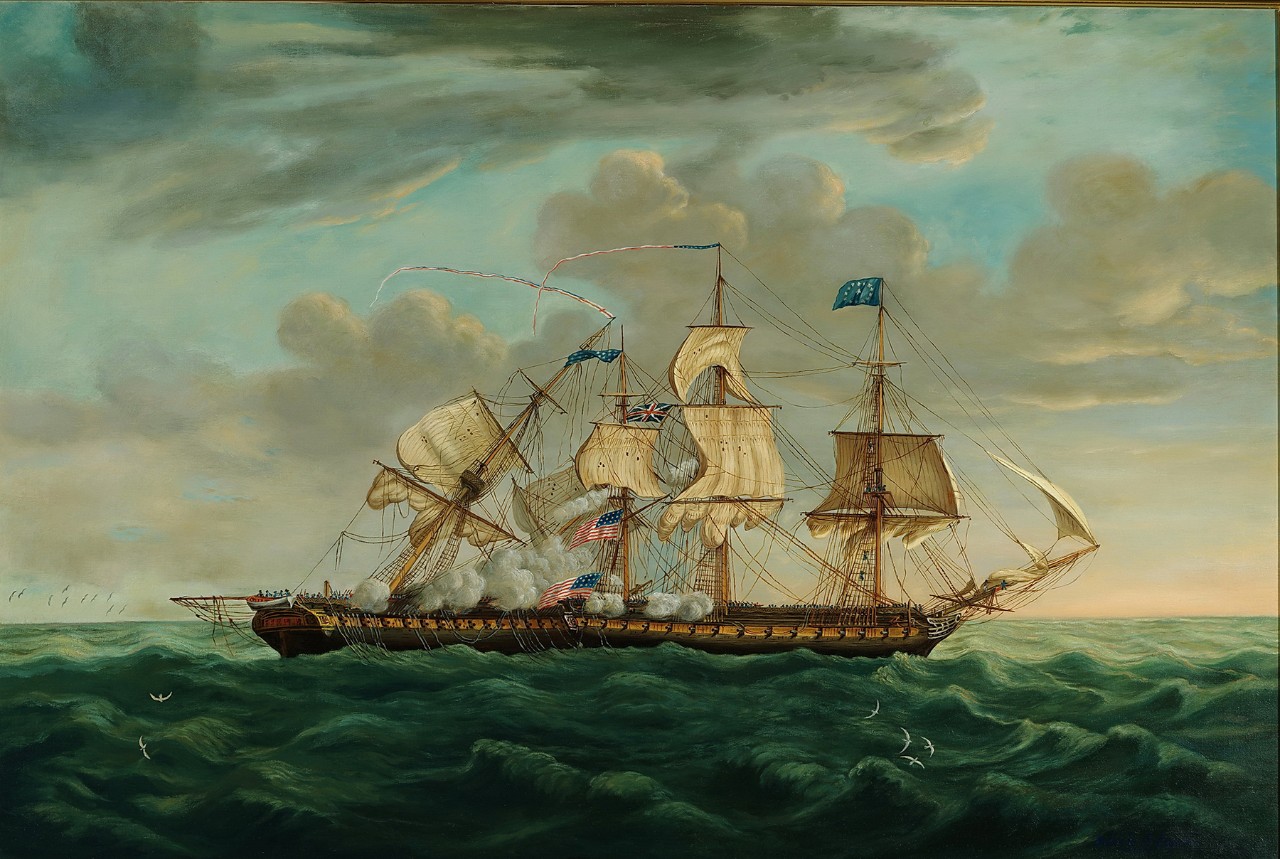 A ship battle with the British on the left, its masts are falling as it is firing at the Americans on the right