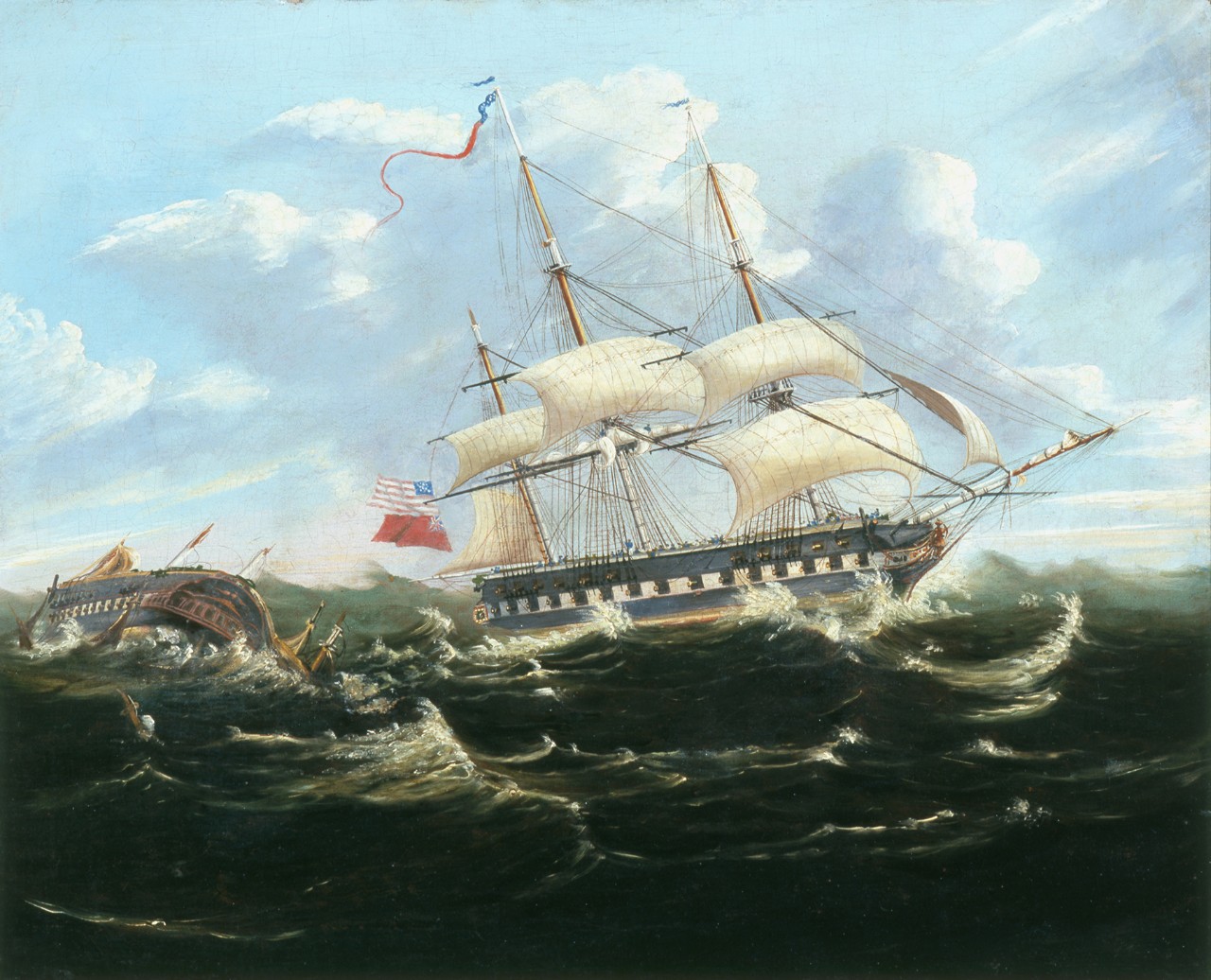 Ships in a battle in rough seas, the British ship on the right is floundering with masts missing, the United States ship on the right is intact