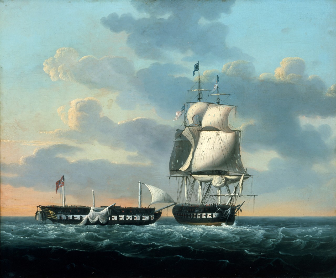 The aftermath of a ship battle, the British ship on the left has lost all of its masts, the American ship is on the right with the sun is setting