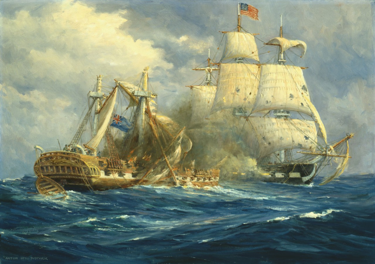 The British ship is nearly demasted and burning as the US ship continues to fire its cannons