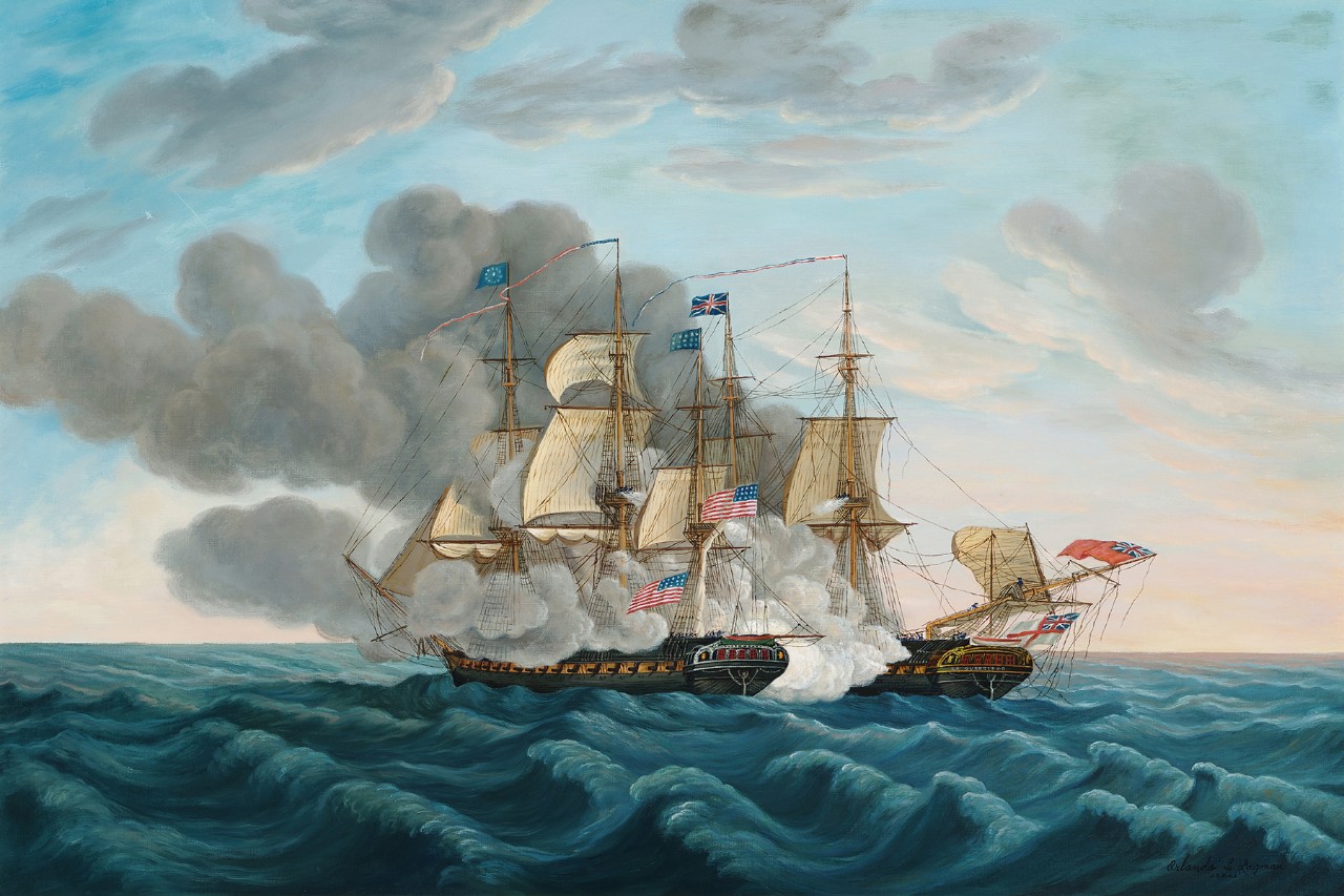 Two ships in battle the larger American ship is on the left firing at the smaller British ship on the right, clouds of smoke hover above both ships