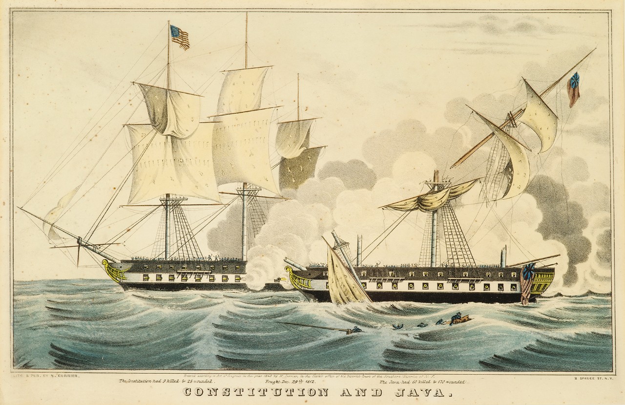 Constitution is behind Java, firing into the British ship bringing down her masts