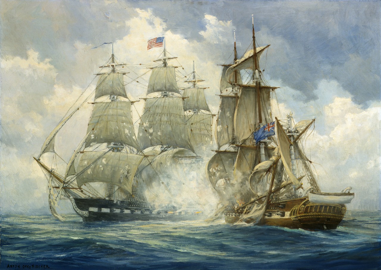 Two ships in battle, the British ship is pointing its bow at the American ship, which is firing its cannons