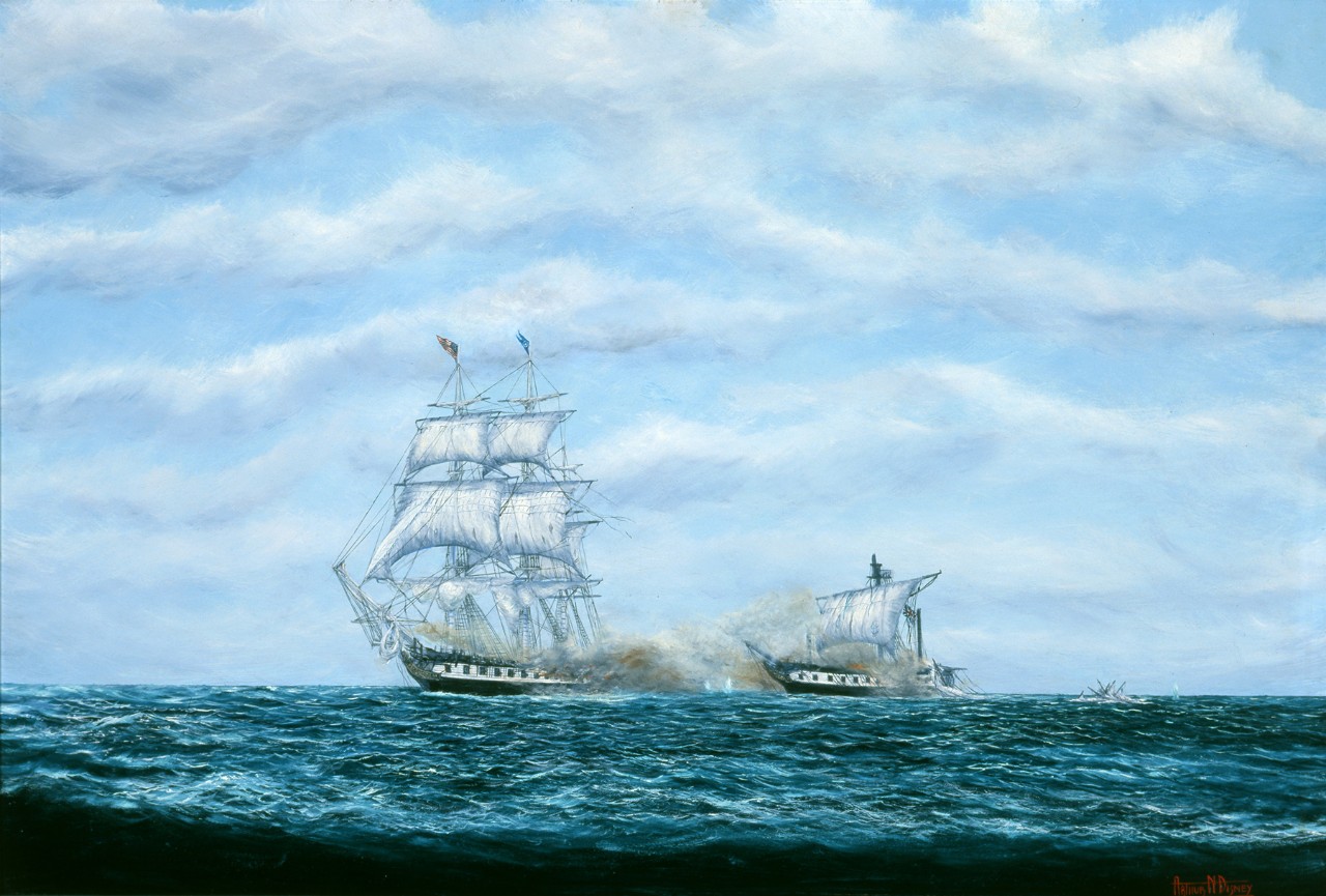 An American ship on the left is firing into a severely damage British ship on the right