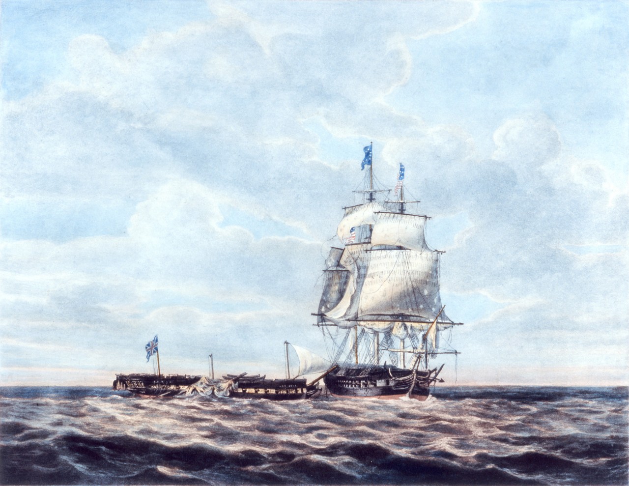 A ship on the left has lost all masts and sails with another ship, its sails entacted, is on the right