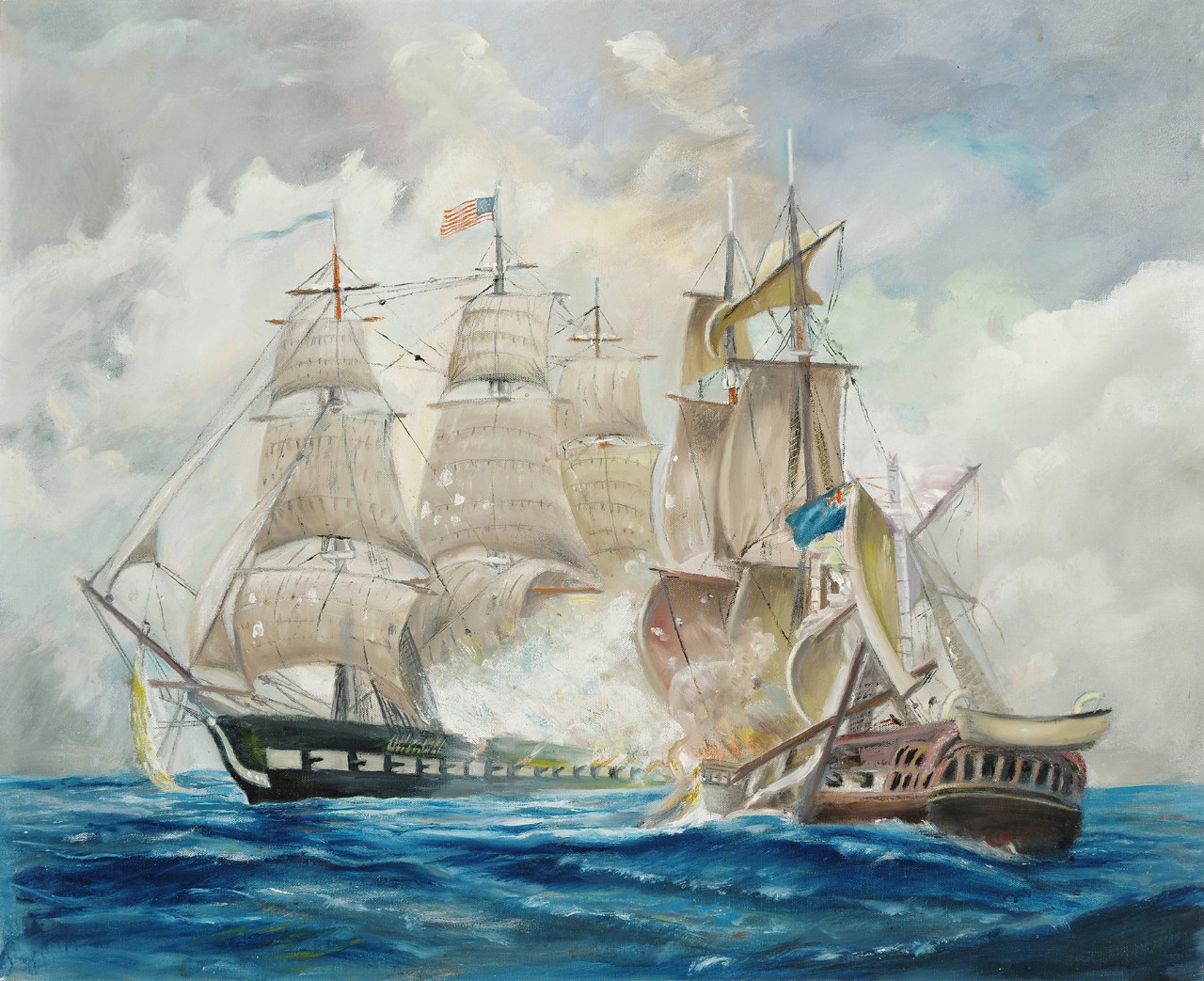 The British ship has its bow towards the American ship which is firing its canons