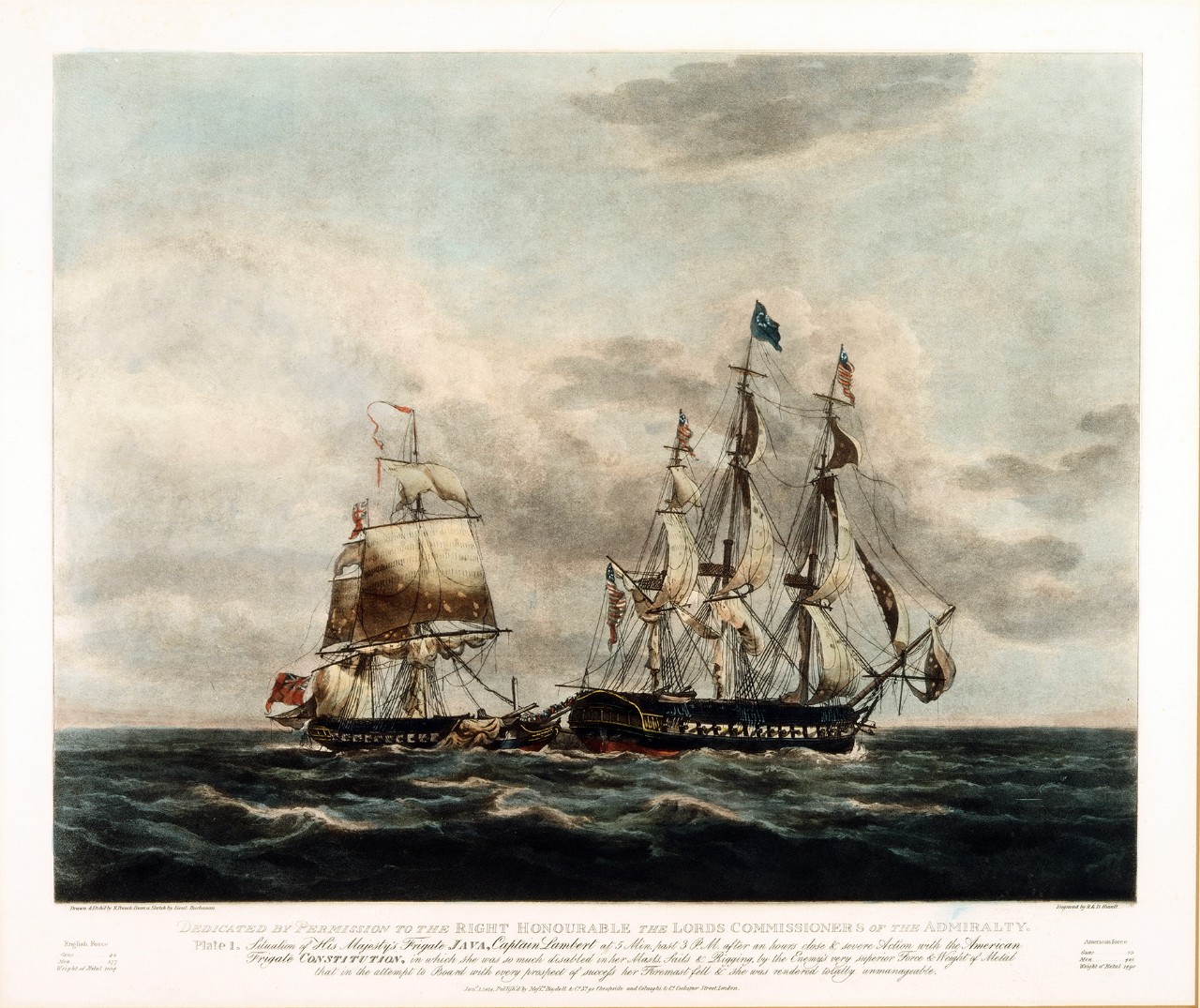 Java is on the left which has damage to the masts with Constitution on the right