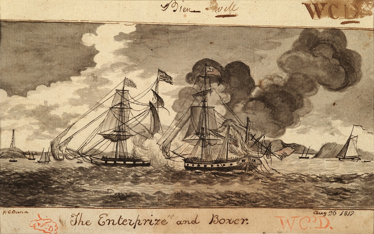 Two ships are in a battle, the British ship is in the foreground with a large amount of smoke between the ships