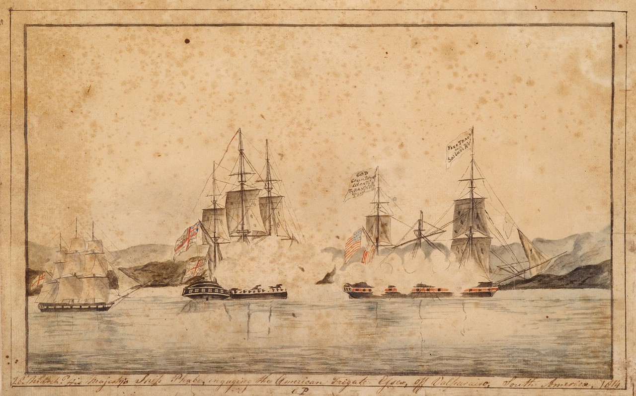 Two British ships in the center and left are firing at an American ship to the right within a harbor