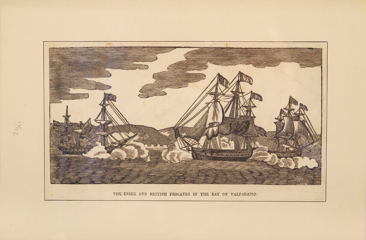 A ship battle, two ships are attacking one ship