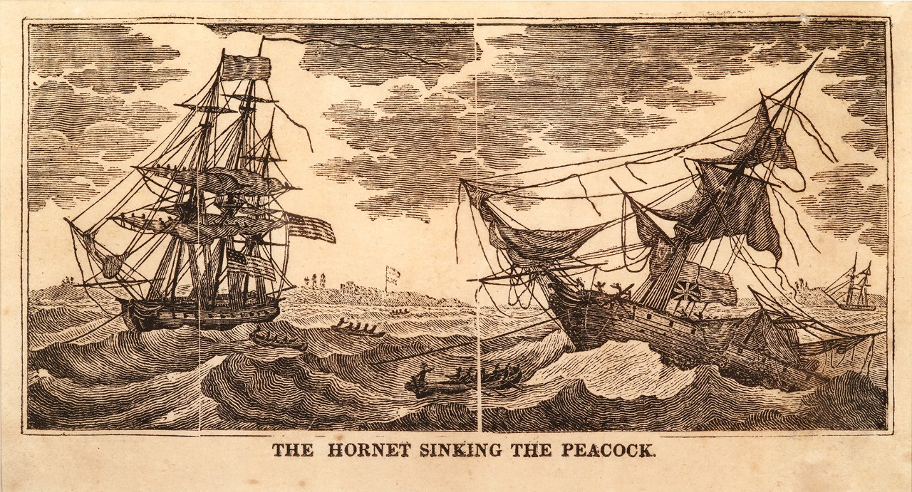 The ship Hornet on the left with anchor down, three boats heading to the Peacock in distress on the right side