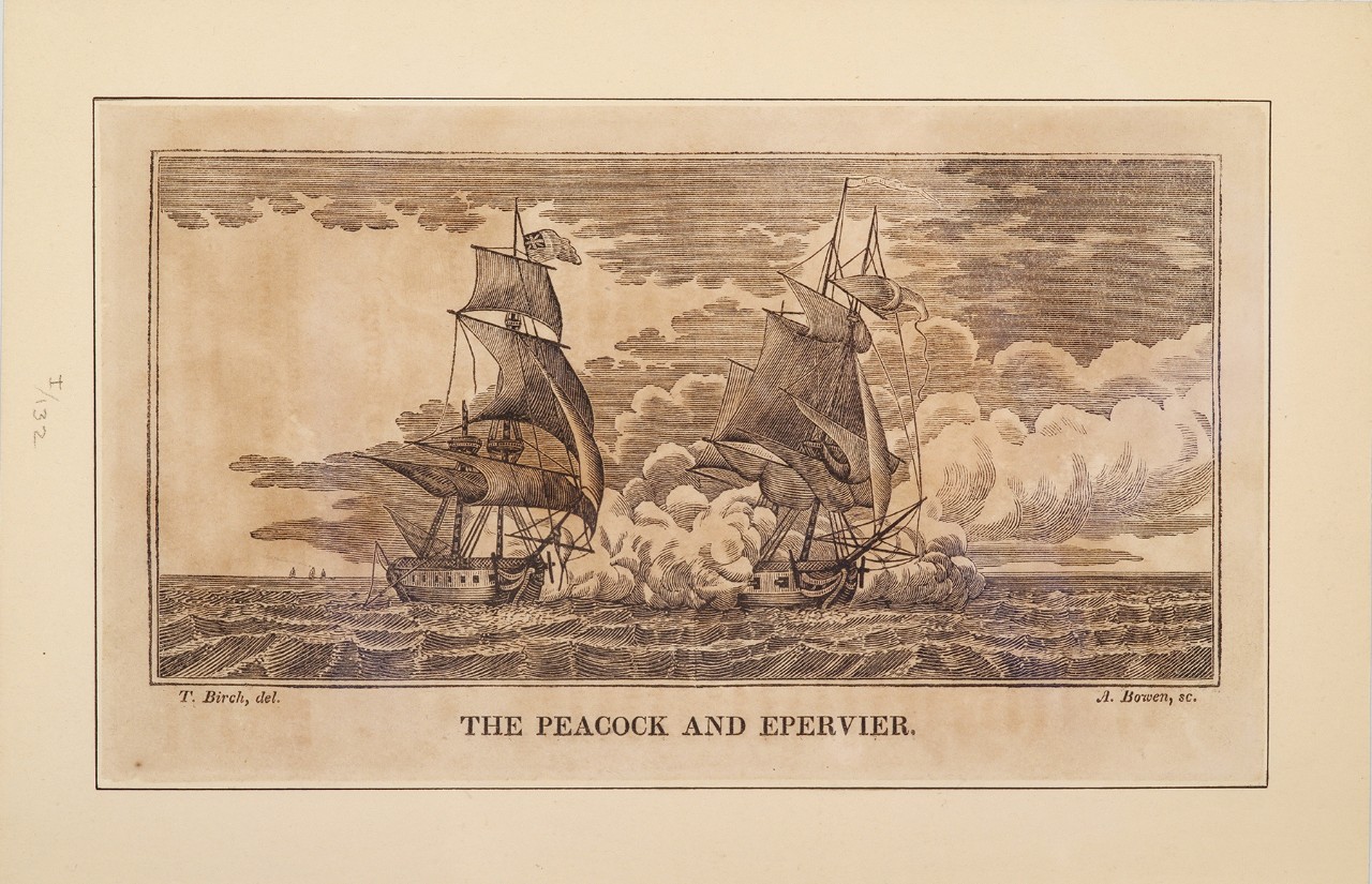 A ship battle between two sailing ships , the one on the right is firing cannon at the one on the left