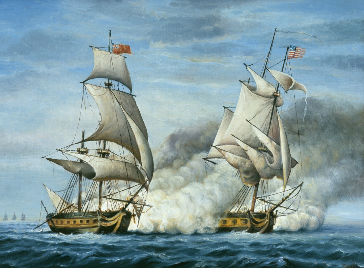 Two ships in a battle, the British ship is on the left the American ship on the right there is a large cloud of smoke surrounding the ships