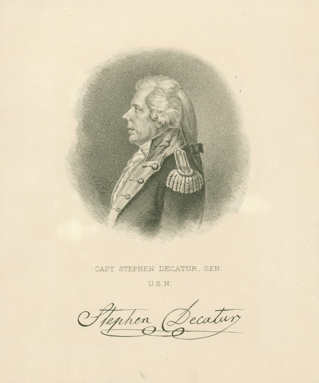 A profile portrait of Stephen Decatur with his signature below