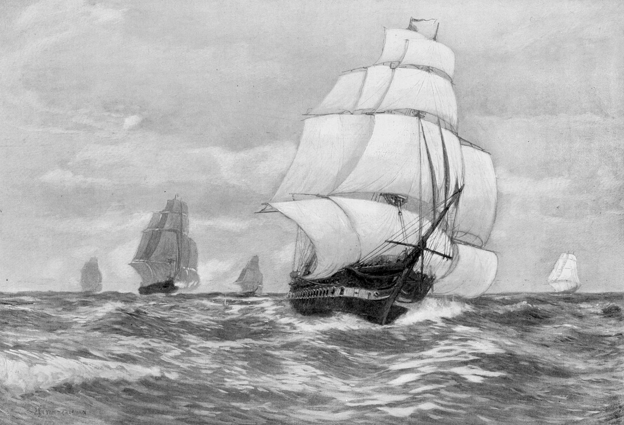 USS President underway with full sails in the background, ships in pursuit firing canon
