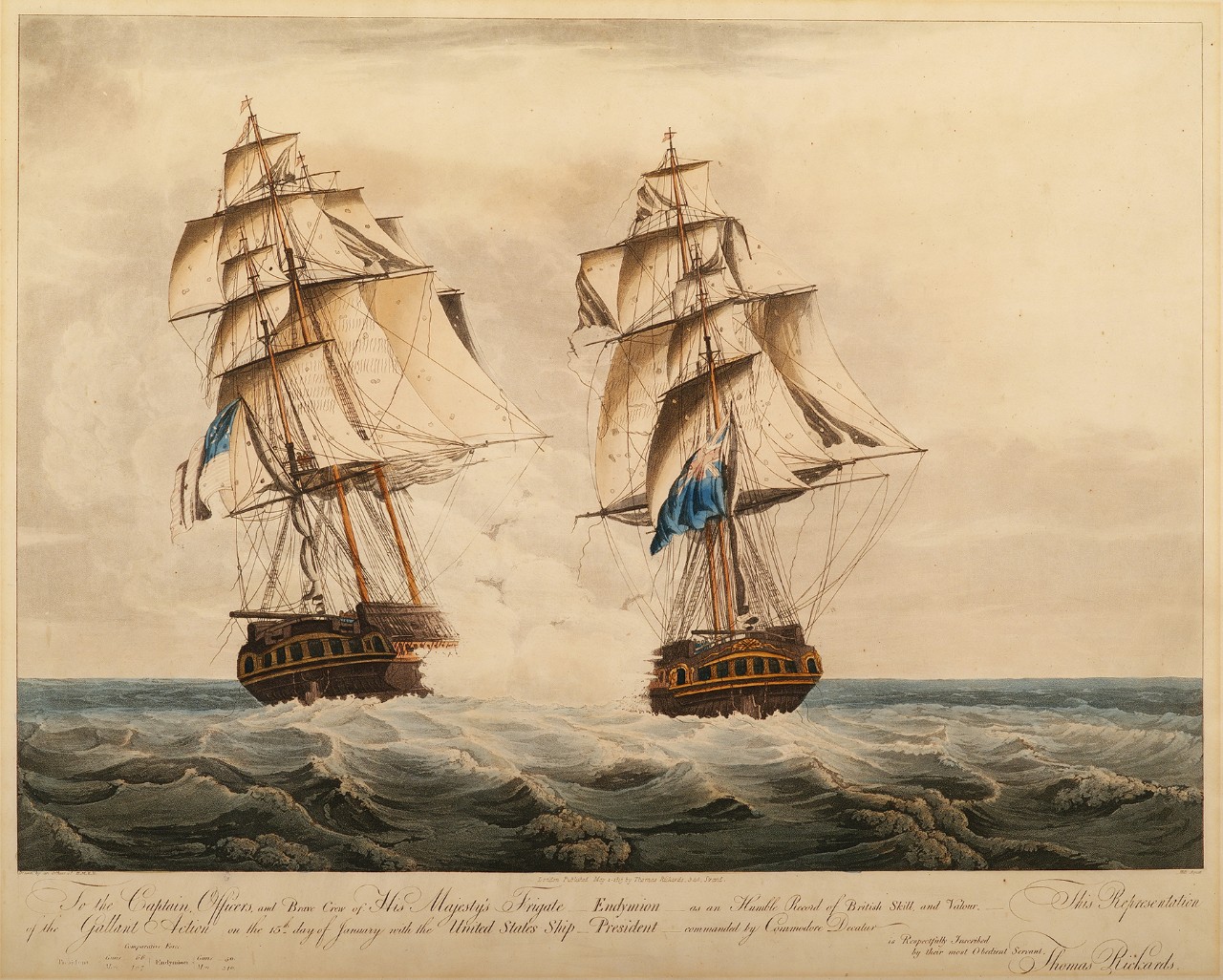 A battle between USS President on the left and HMS Endymion on the right, ships firing at each other while moving away from the viewer