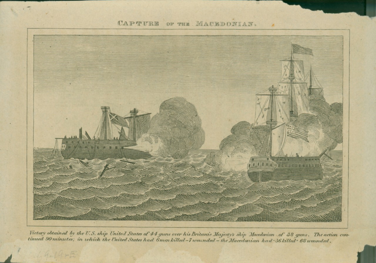 The American ship on the right firing at a demasted British ship