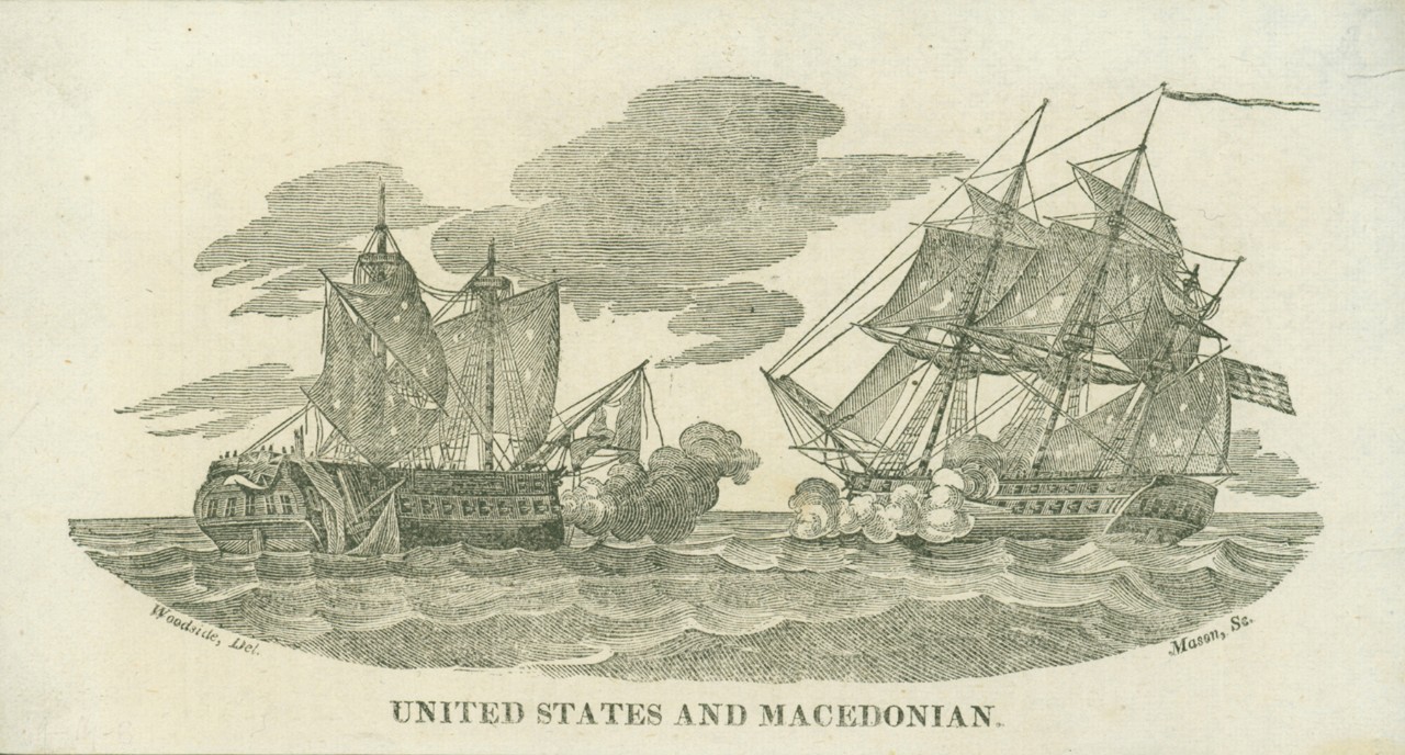 The American ship on the right is firing at the British ship, its mast and sails have fallen into the sea