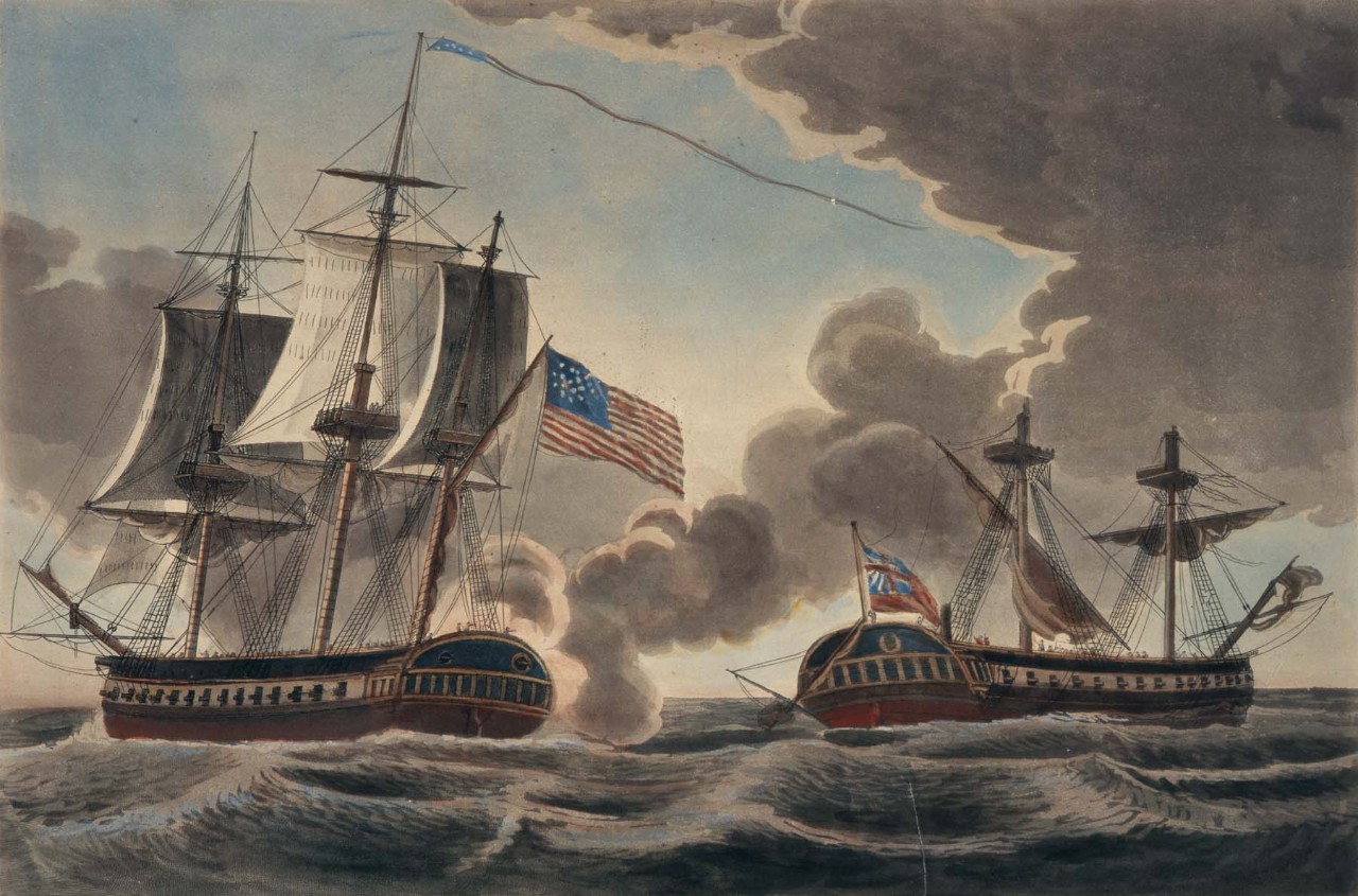 The American ship on the left is firing on the British ship, which has lost its masts