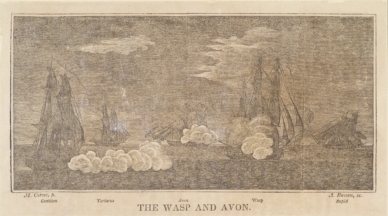 Wasp and Avon in the center of the image guns firing, three other British ships in the background closing in on the battle