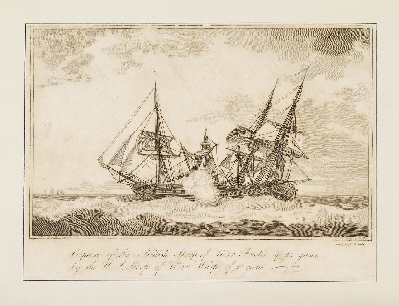Two sailing ships in heavy seas firing at each other at close range