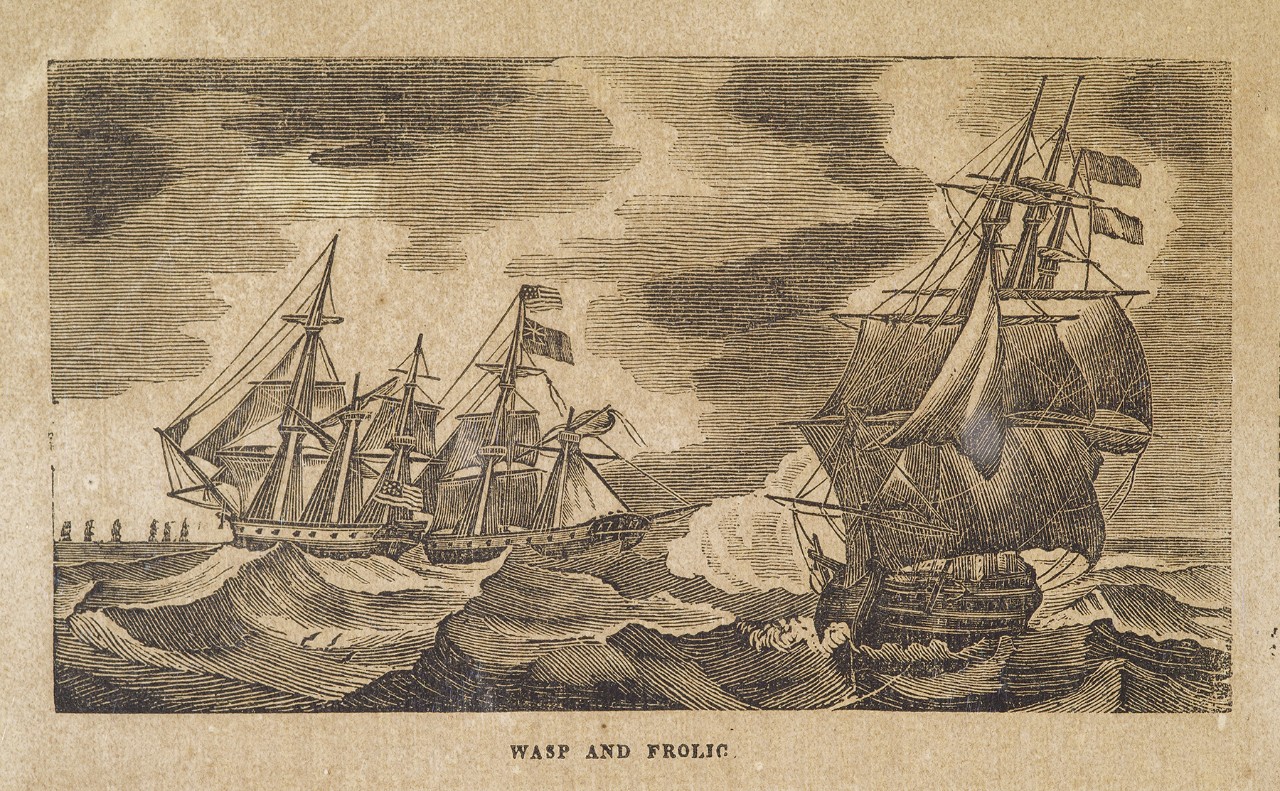 A sailing ship battle with three ships, two are in close range while the third is in the foreground