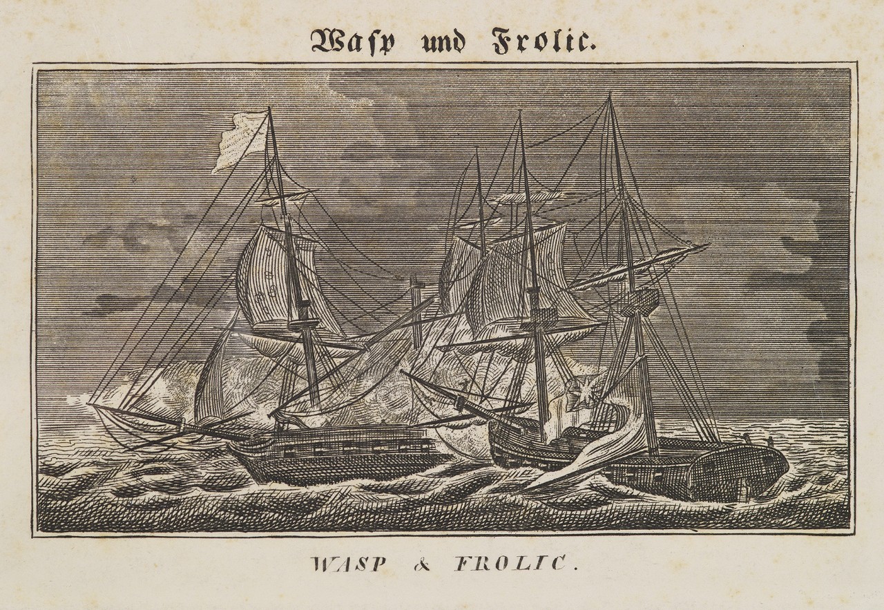 Two ships in a battle, the one on the right is ramming the one on the left