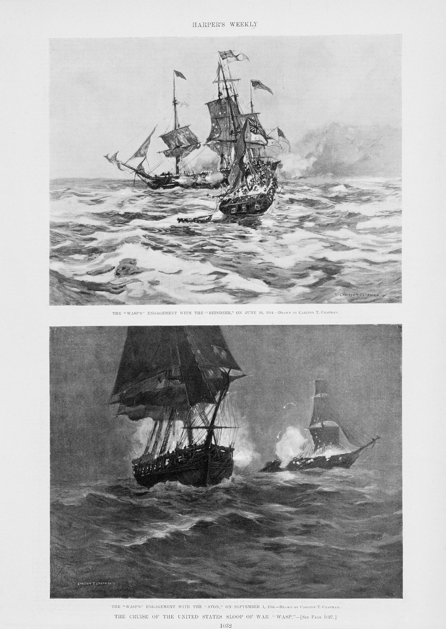 There are two images on the page. The top image is a battle between Wasp and Reindeer. The bottom is a scene of a ship battle at night between Wasp and Avon