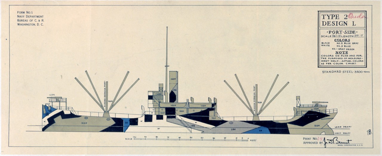 Port side view of a ship dazzle plan using the colors black, white, blue grey, blue, green grey