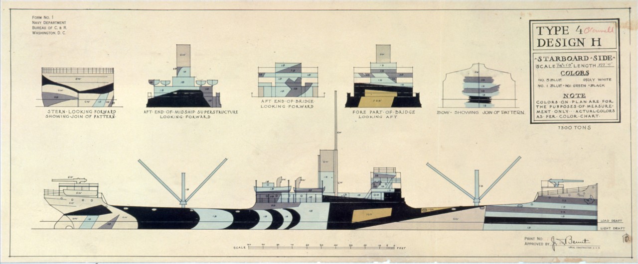 There are five detail parts to the plan, first stern looking forward showing join of pattern, second aft end of mid ship superstructure looking forward, third aft end of mid ship superstructure looking forward, fourth for part of bridge looking aft,  fifth bow showing join of pattern, and a starboard side view of ship. The colors used are green,  grey white, blue, black.