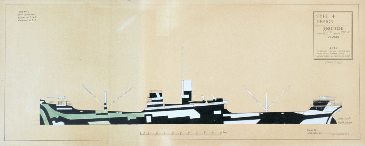 Port side view of a dazzle plan using light green and white and black