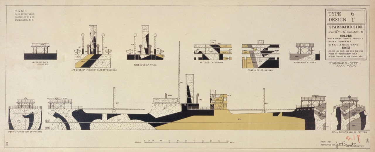 There are eight detail parts to the plan, first break of poop looking aft, second aft side of mid ship superstructure, third fore side of stack, fourth aft side of bridge, fifth foreside of bridge, sixth forecastle head, seventh stern showing join of pattern, eighth bow showing join of pattern and starboard side view of ship. The colors used are grey white, black, green, blue grey.