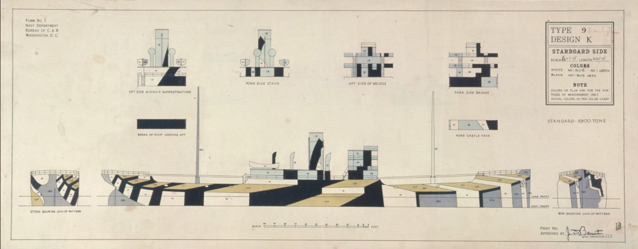 There are eight detail parts to the plan, first break of poop looking aft, second aft side of mid ship superstructure, third fore side of stack, fourth aft side of bridge, fifth foreside of bridge, sixth forecastle head, seventh stern showing join of pattern, eighth bow showing join of pattern and starboard side view of ship. The colors used are black, white, blue, green, blue grey.
