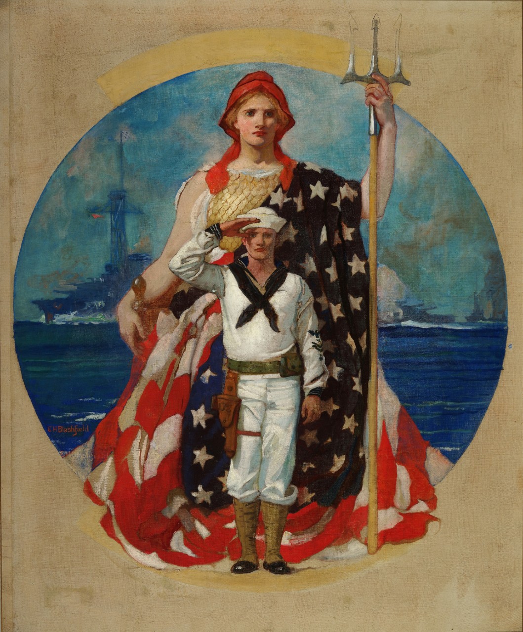 A sailor is saluting. Behind him is a woman dressed in the American flag, she is holding a trident. Behind her is a battleship.