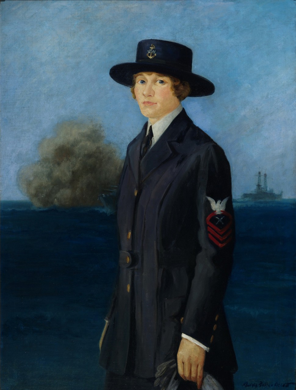 A portrait of a woman wearing a World War I uniform, in the far background is a ship firing its guns
