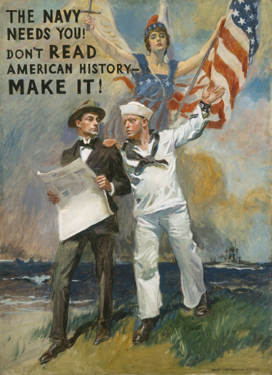 A man in civilian clothes holds a newspaper. The sailor next to him has his hand on the first man’s shoulder. Behind them is a ghostly female figure dressed in the American flag.  Upper left it says “The Navy Needs You Don’t Read American History – Make It!”