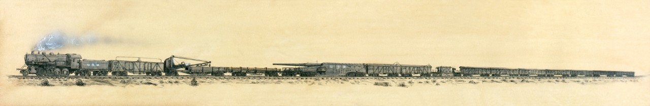 A train pulling cars, one near the front is carrying a ship's gun
