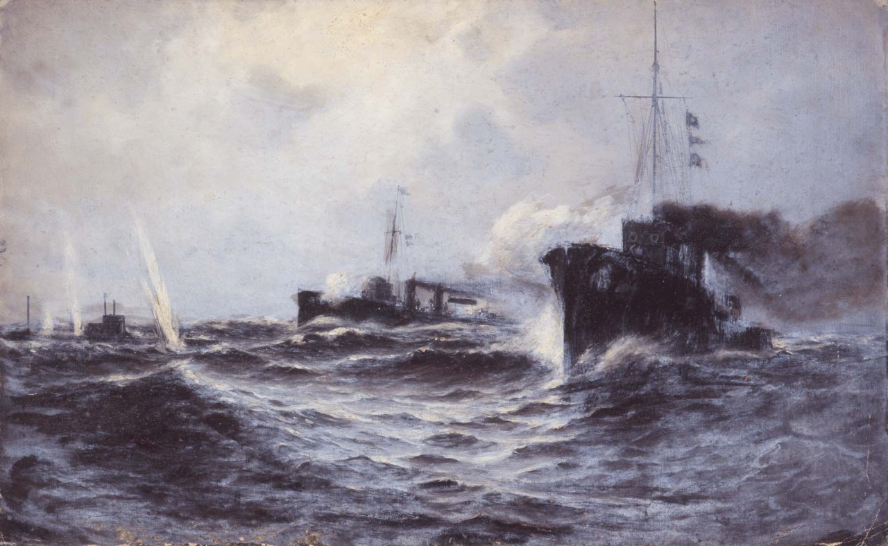 Two ships are firing on a U-boat