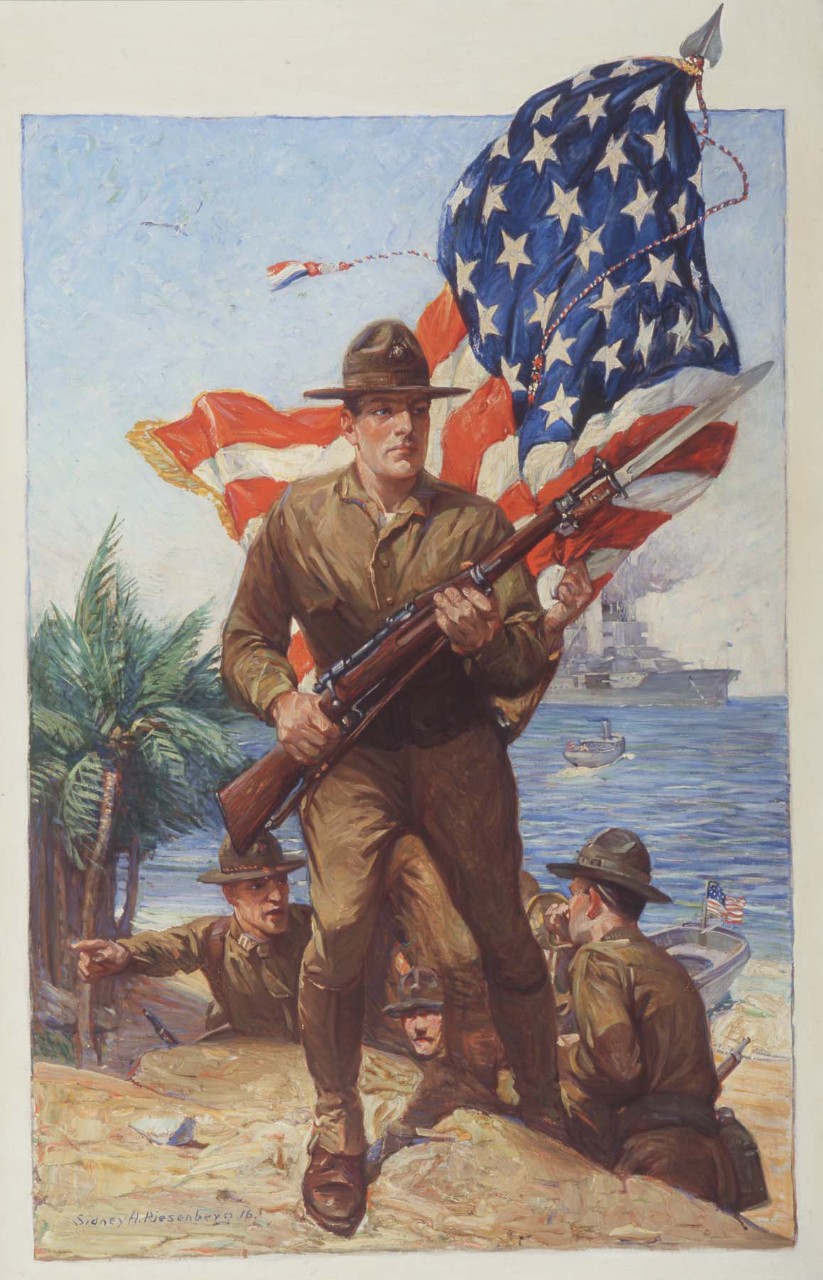 A beach scene with a marine holding a rifle, other marines are on the dune with a US flag flying. In the far backgournd is a battleship with landing boats going toward the beach.