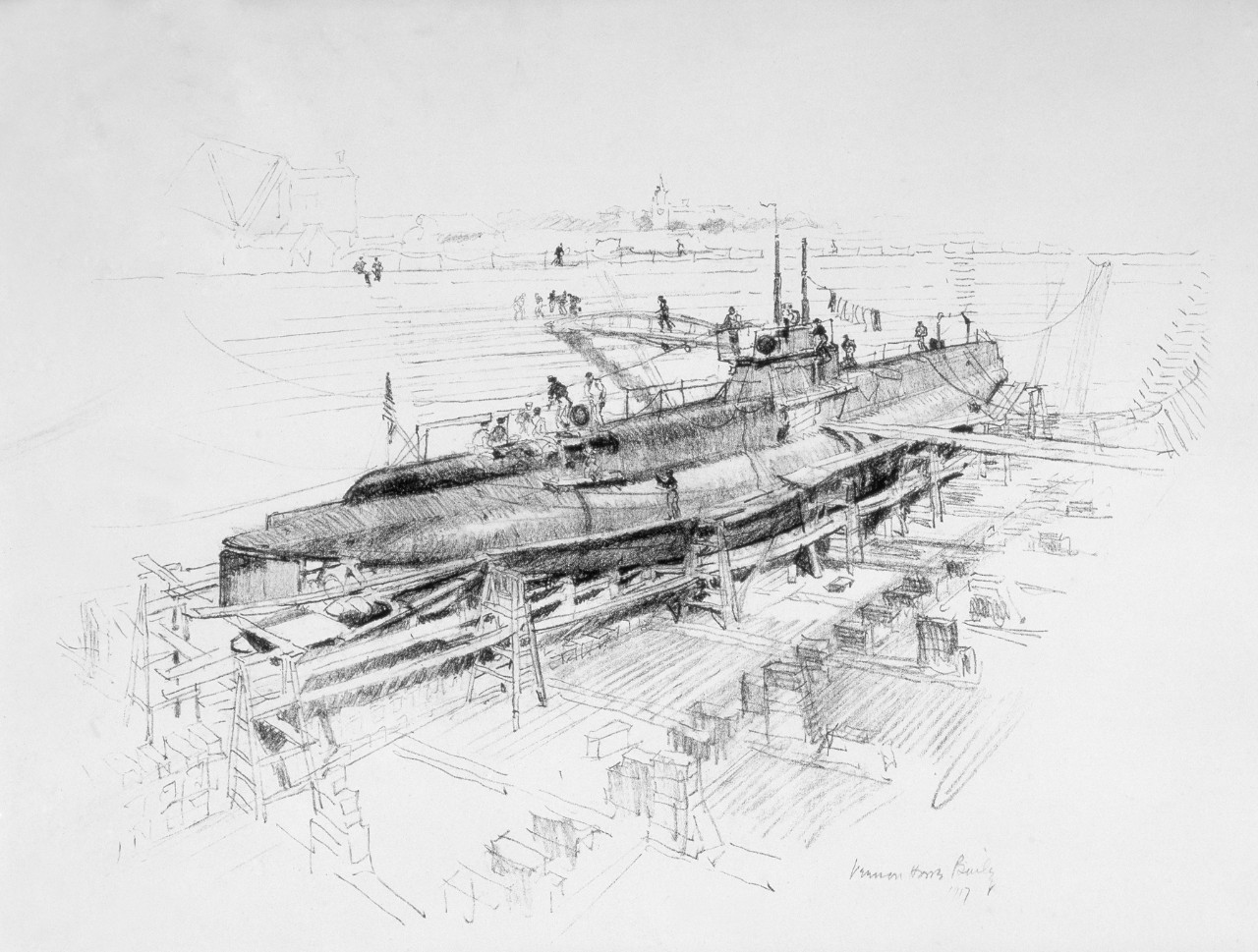 A submarine in a dry-dock being worked on