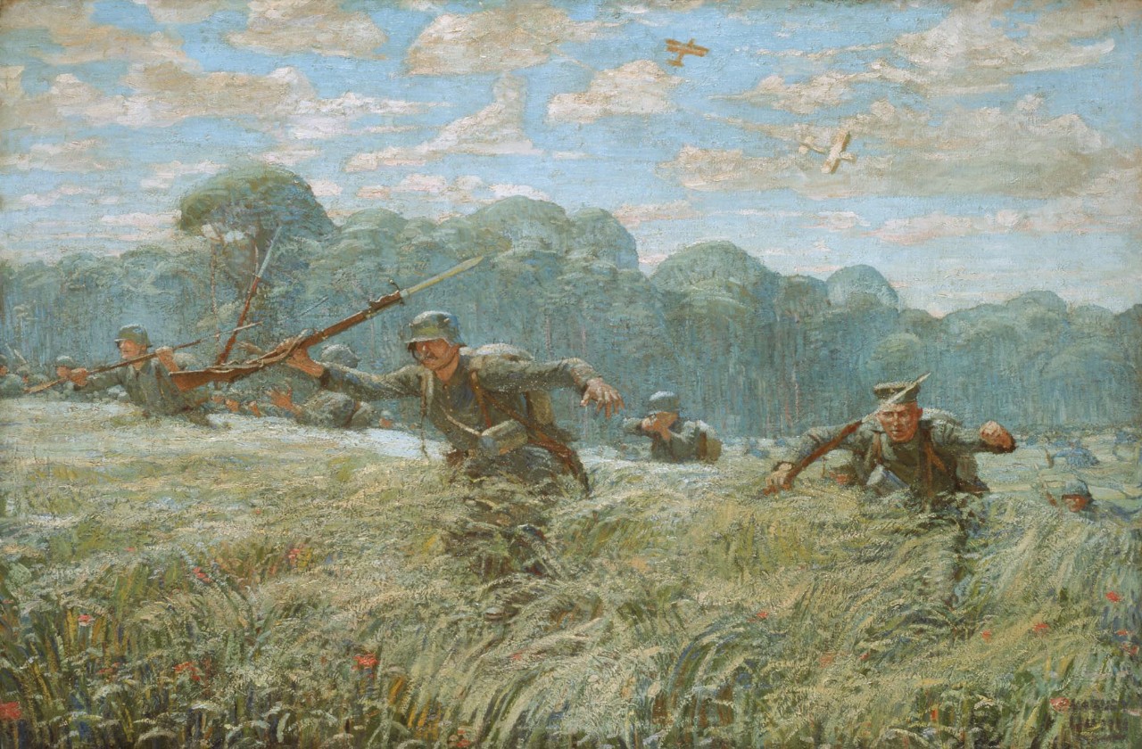 German soldiers crossing a wheat field