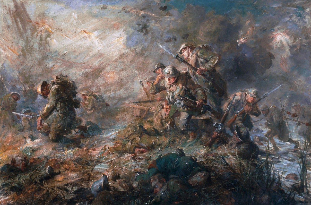 Marines’ charging over the hill, in the foreground a marine is falling forward