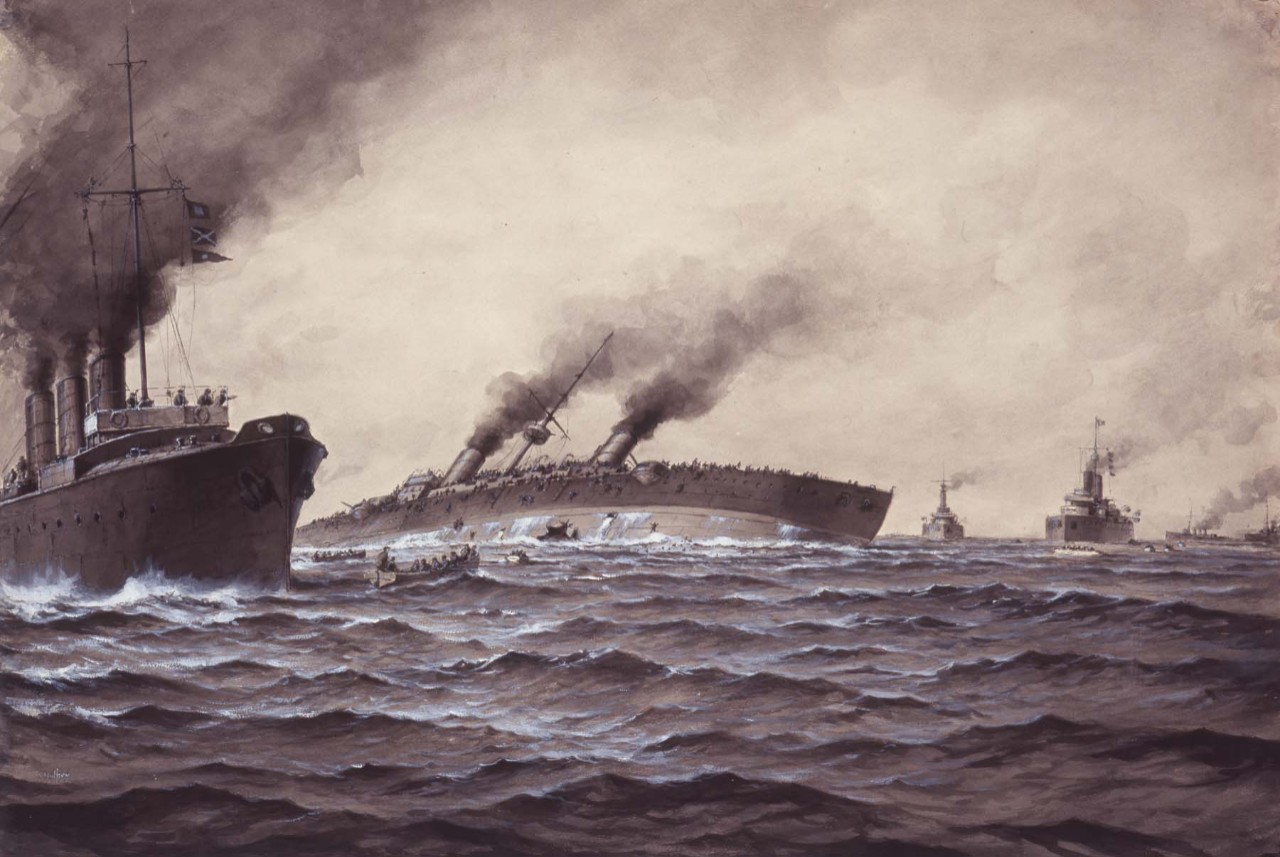 A ship is listing to starboard, while men flee to life rafts. Other ships are coming to the aid of the stricken ship