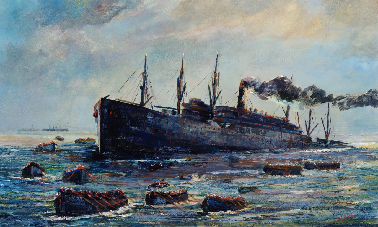 A ship sinking stern first, life rafts moving away from the ship 