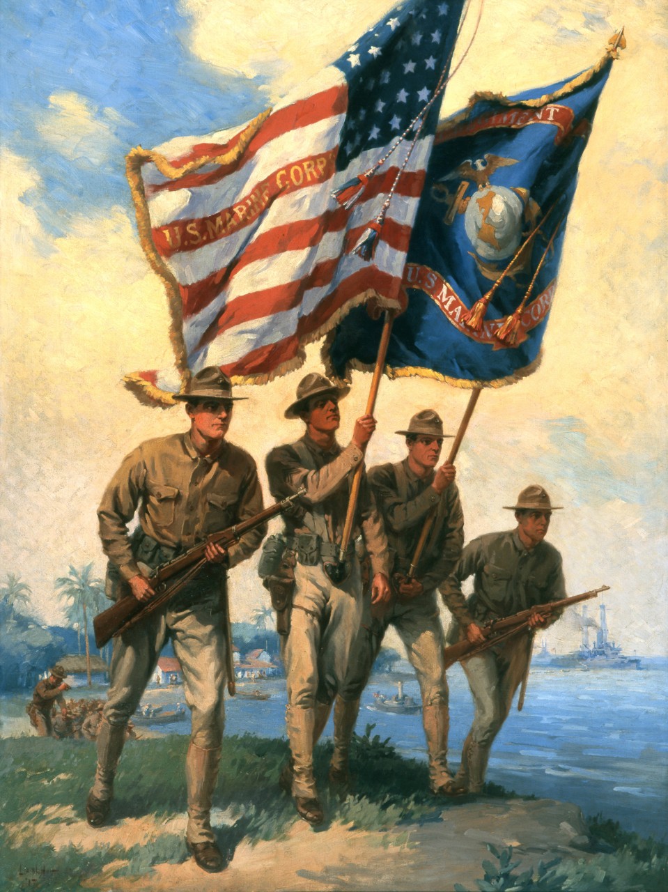 Four marines marching, the center two are carrying flags. The one on the left is holding the American flag, the one on the right is holding the marine corp flag. The other two marines are carrying rifles.