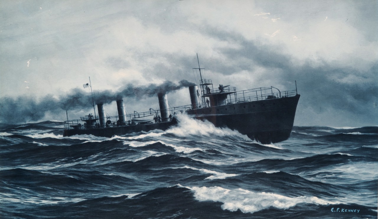 Ship with four smoke stacks in choppy seas