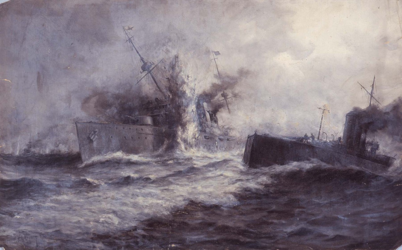 A U-boat has struck a ship in the center of the image with a torpedo