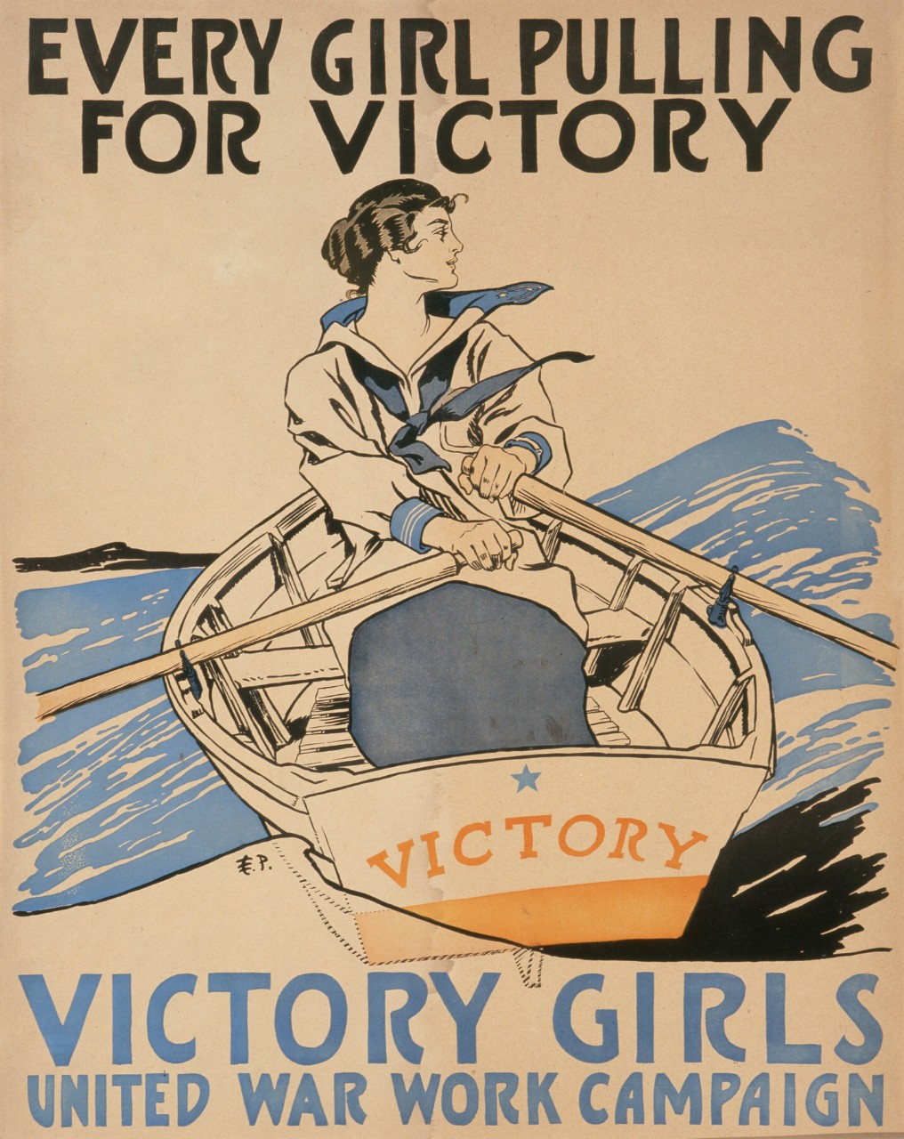 A woman is in a row boat called Victory  