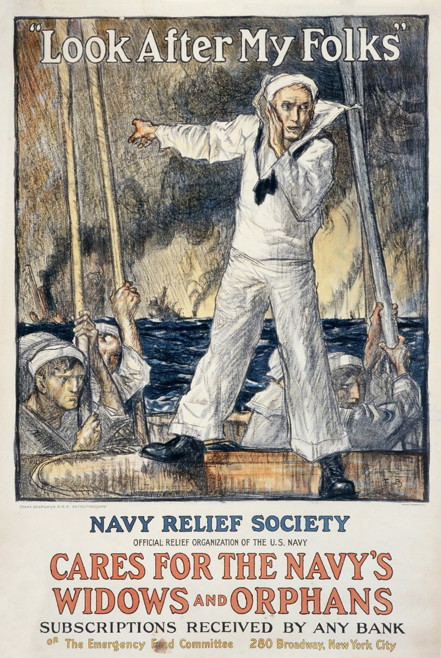 A sailor stands on the railing shouting. He is pointing across the ocean. Behind him four other sailors pull ropes